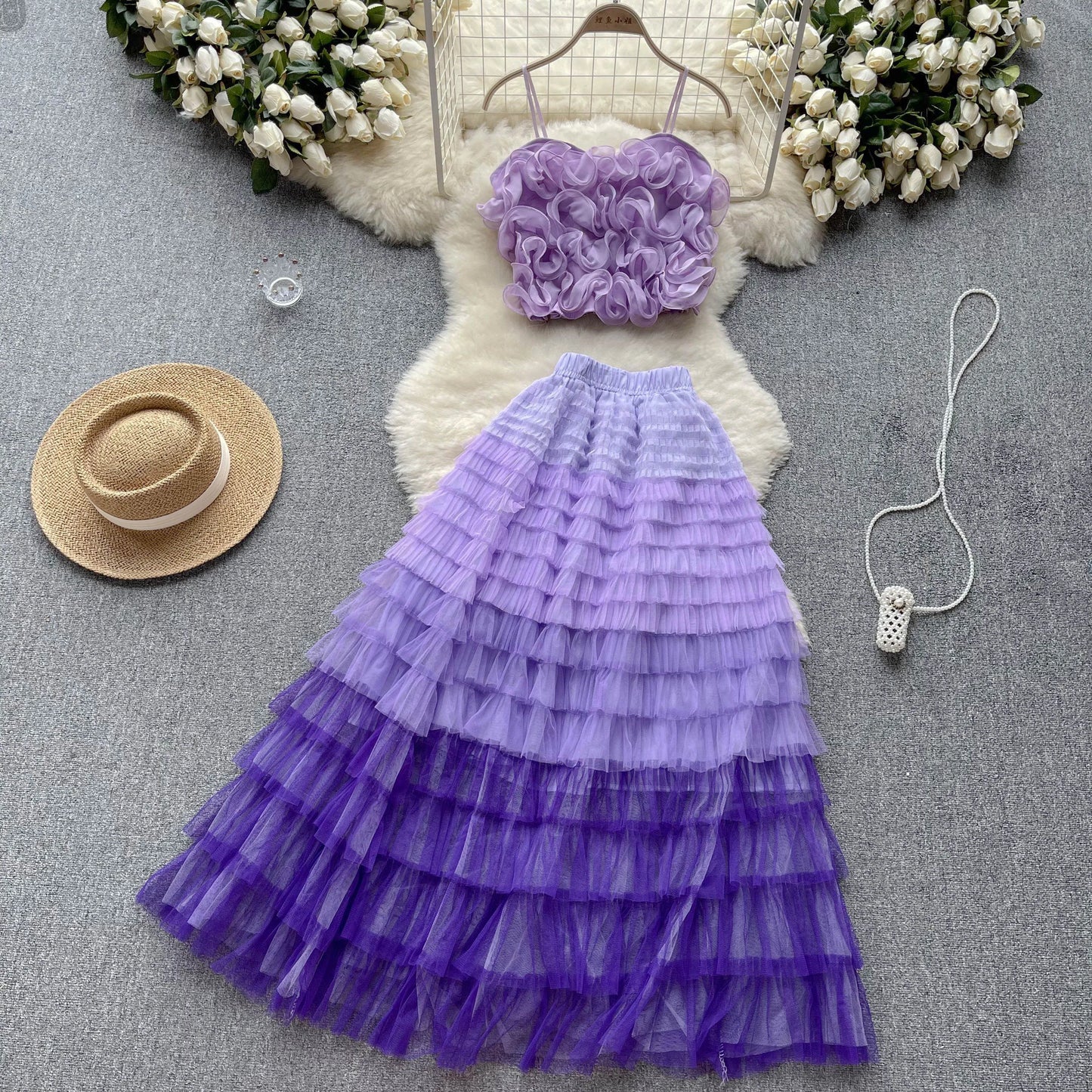 New Women Two Piece Set Summer Three-dimensional Flower Mesh Vest Tank Tops+mesh Long Skirts Fashion Korean Outfits