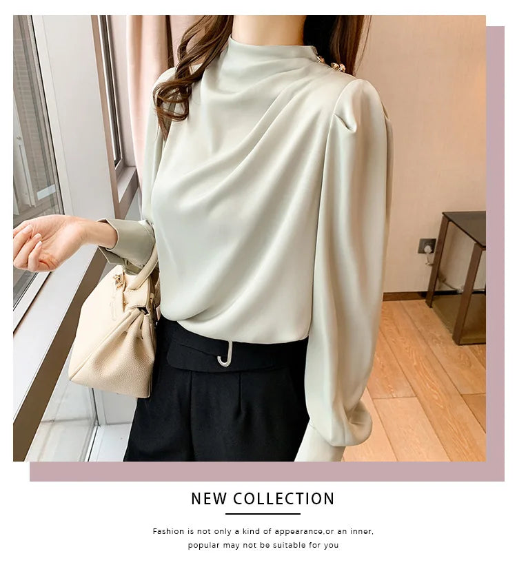 Autumn New Women's Style Stand up Collar Pleated Long Sleeve Top Fashion Lantern Sleeve Loose Elegant Solid Color Shirt Blouse
