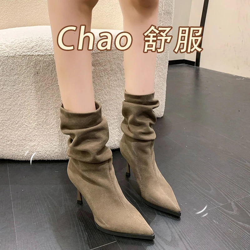 High Heel Women Pleated Ankle Boots Fashion Pointed Toe Slip On Shoes Dancing Party Dress Short Botas De Mujer