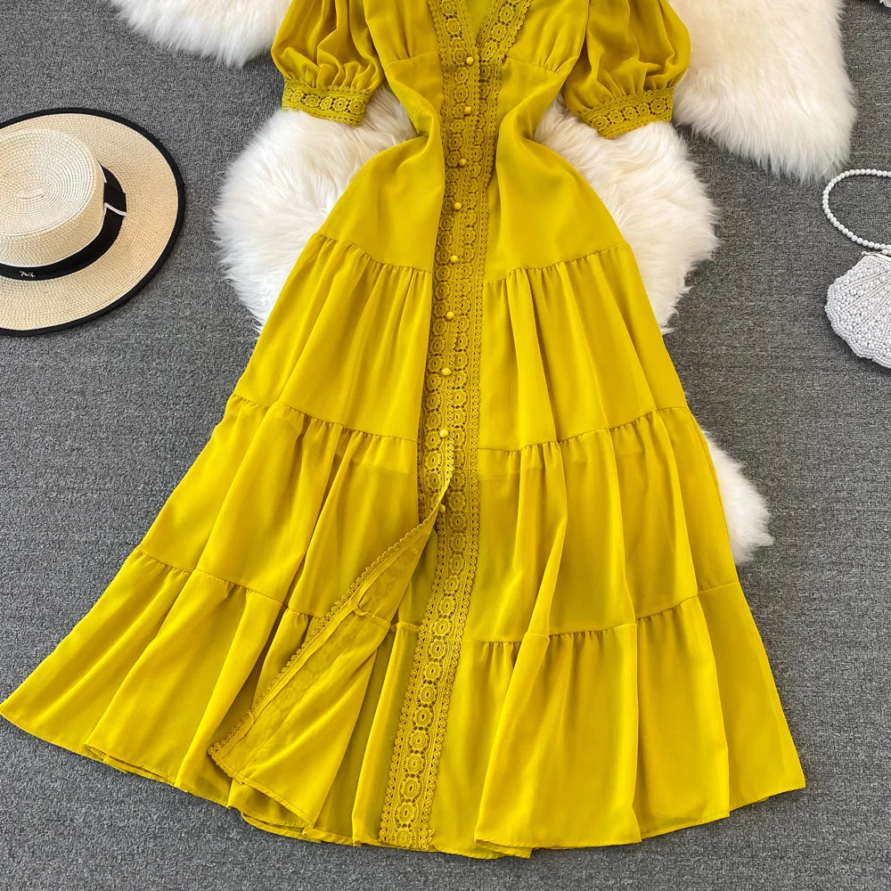 New Women Vintage Party Dress Summer Puff Sleeve Sexy V Neck Lace Single-breasted Long Dresses Ladies A Line Elegant Long Robe