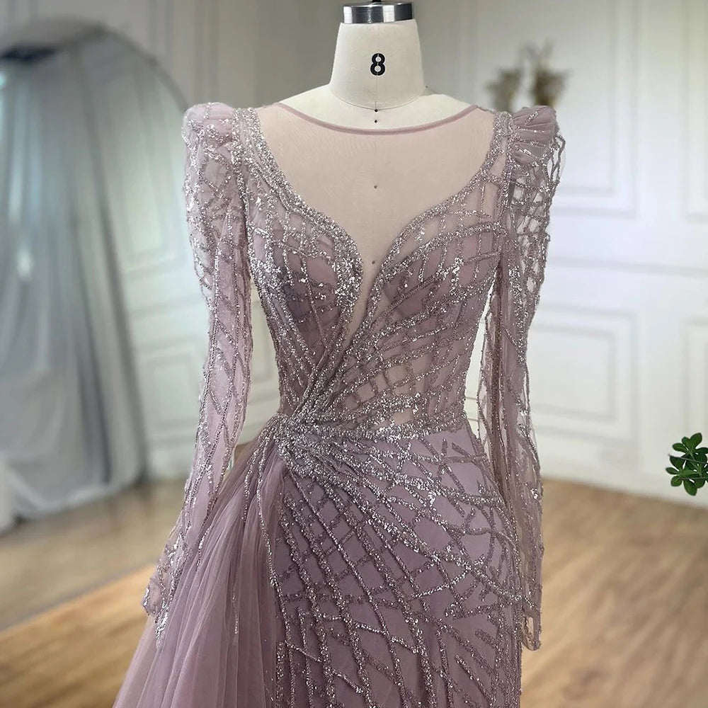 Serene Hill Muslim Gold Mermaid Beaded Luxury Dubai Evening Dresses Gowns With Overskirt 2024 For Women Party LA72206