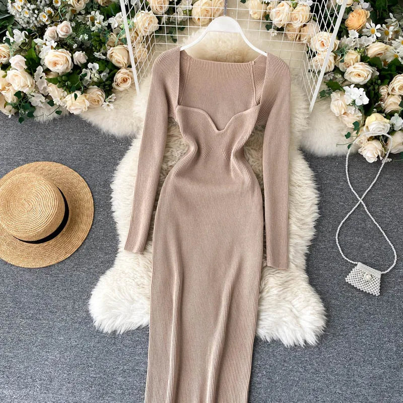 Women Long Sleeve Sexy Bodycon Dress with slit Vintage French Fashion Knit v neck Vestidos Basic Tight Elegant Slim Chic Dresses