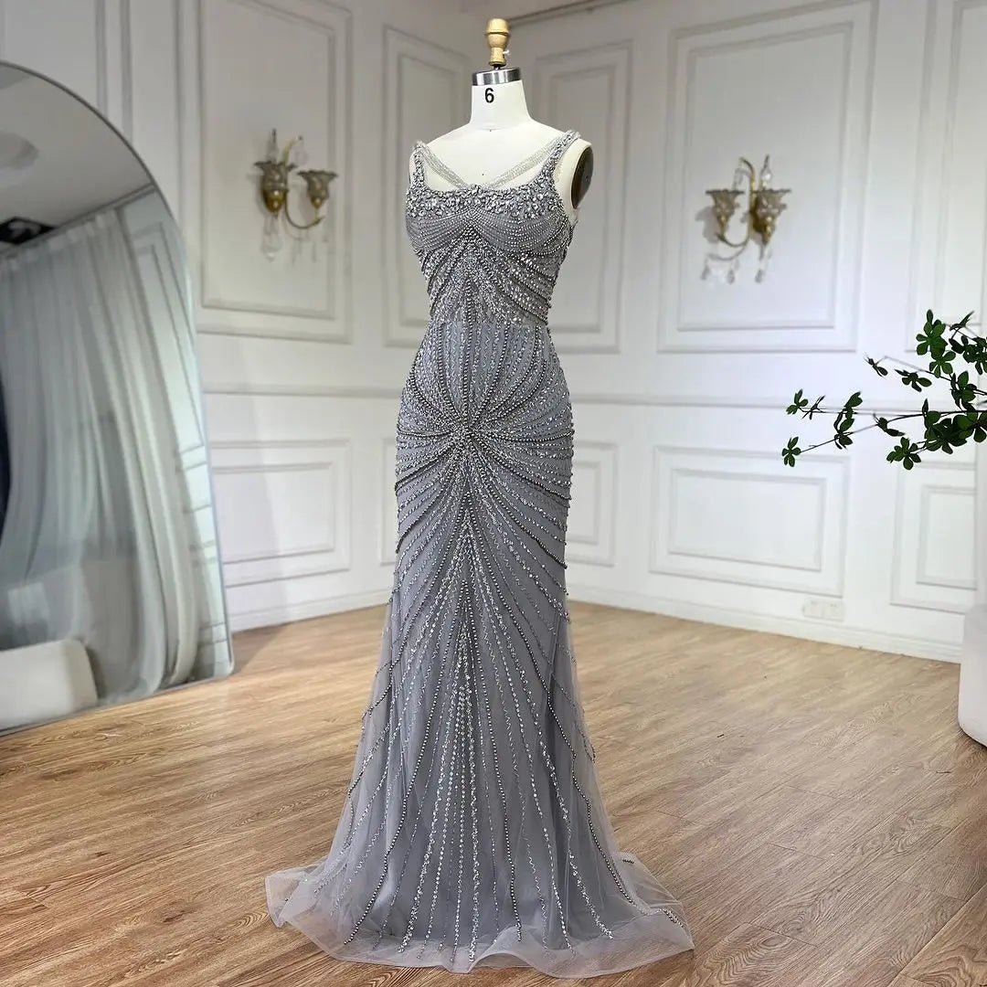 SERENE HILL 2024 Arabic Nude Spaghetti Strap Mermaid Luxury Beaded Evening Dresses Gowns For Women Wedding Party GLA72356
