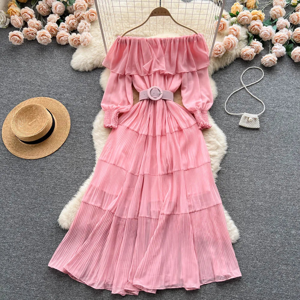 Vintage Pleated Slash Neck Off Shoulder High Waist Dress Long Sleeve Dress Chic Summer Beach Vestidos Women Vacation Sundress