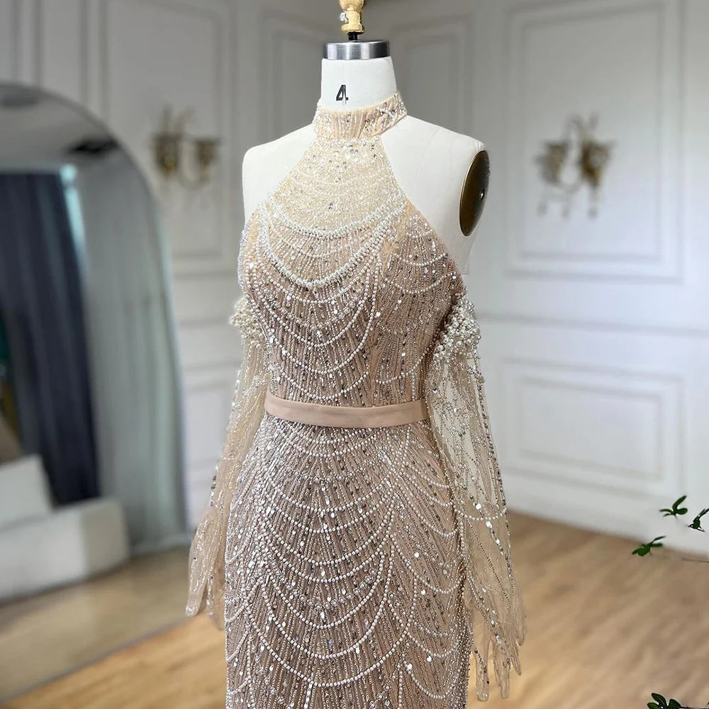 SERENE HILL Dubai Arabic Nude Mermaid With Gloves Luxury Beaded Evening Dresses Gowns 2024 For Women Wedding Party GLA72032A