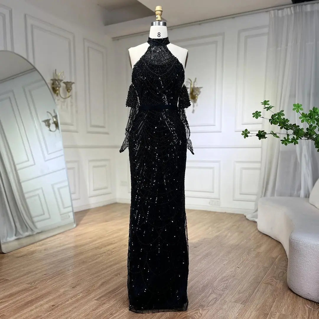 SERENE HILL Dubai Arabic Nude Mermaid With Gloves Luxury Beaded Evening Dresses Gowns 2024 For Women Wedding Party GLA72032A