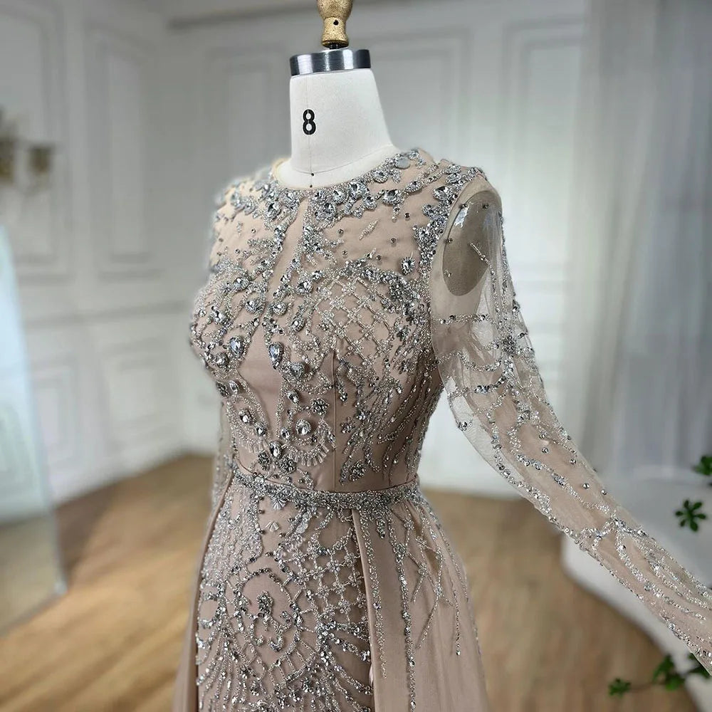 Serene Hill Muslim Silver Nude Mermaid Gown with Detachable Overskirt Beaded Evening Dress for Women Wedding Party 2024 LA71919