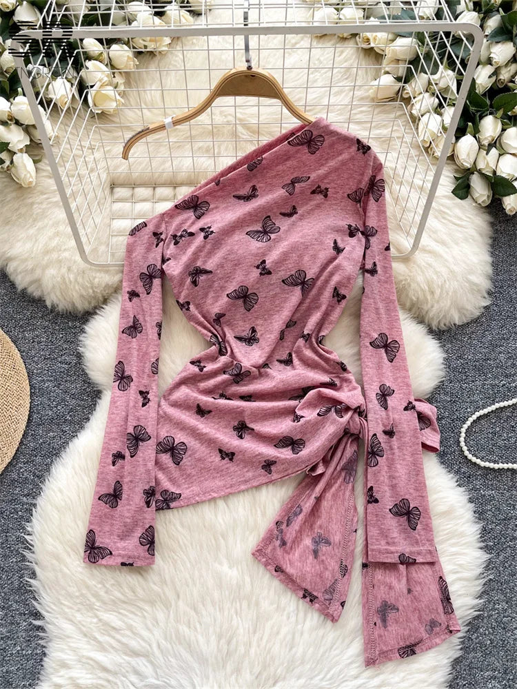 SINGREINY Autumn Butterfly Print Shirt Long Sleeve Bow Design Skew Collar Women Fashion Irregular Lace Up Slim Basics Top