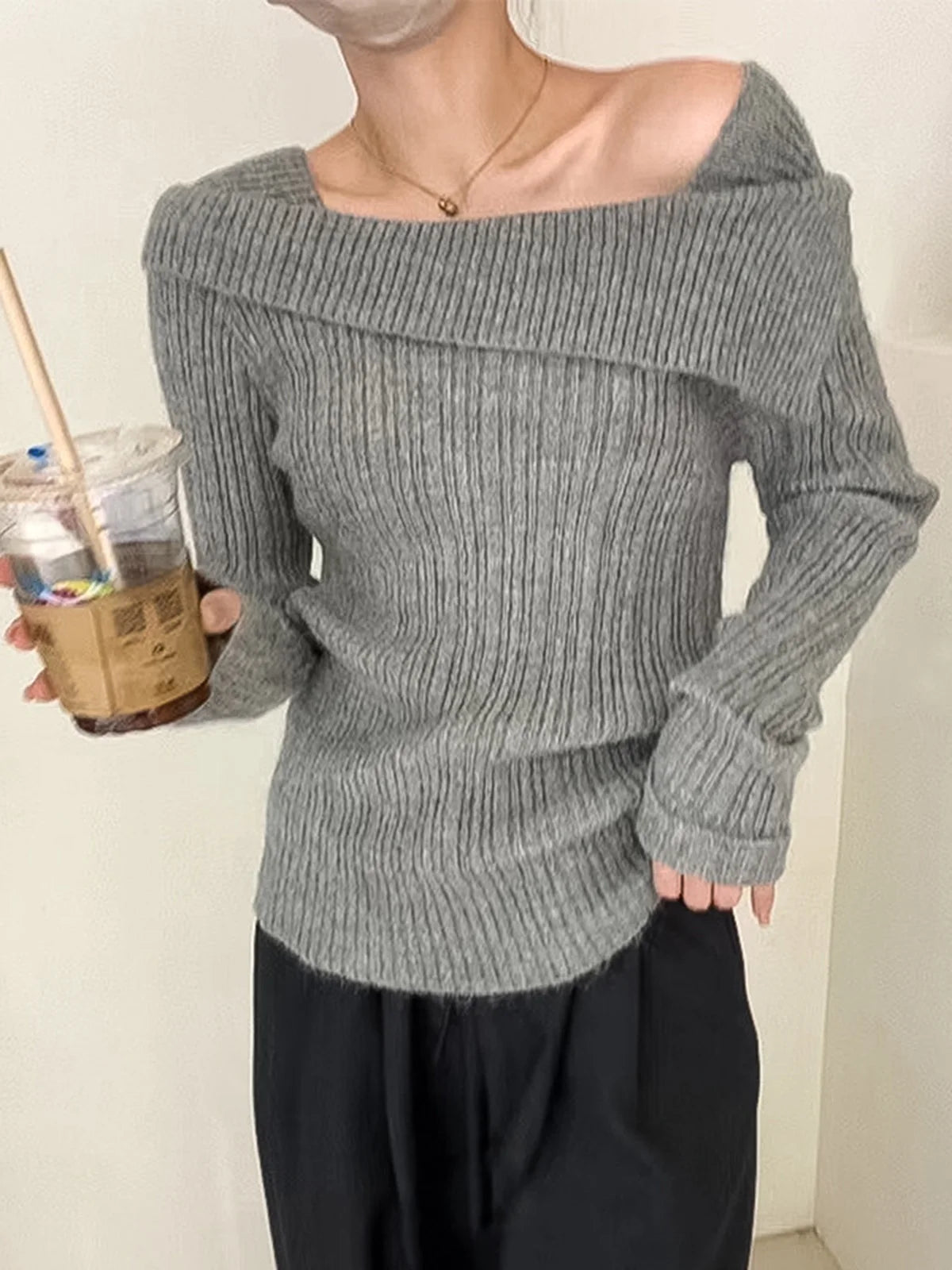 One Shoulder Sweater Autumn/Winter New Style Retro Luxury Women's Off Shoulder Knitted Top Solid Color Slim Long Sleeve Pullover