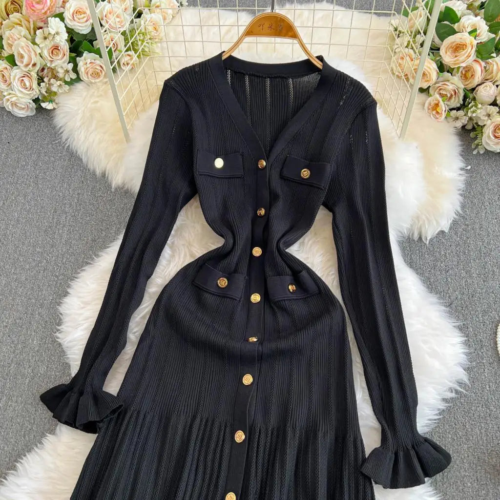 Women Vintage Mermaid Knitted Dress Elegant Casual Single Breasted Bodycon Slim Evening Dresses Female One Piece Clothes Mujers