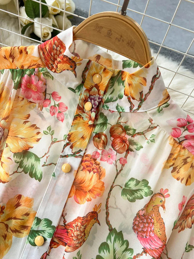 Spring Vacation Dresses For Women Long Sleeve Vintage Floral Print Dress Stand Collar Ruffle Hem Chiffon Mini Dress Tie Belt