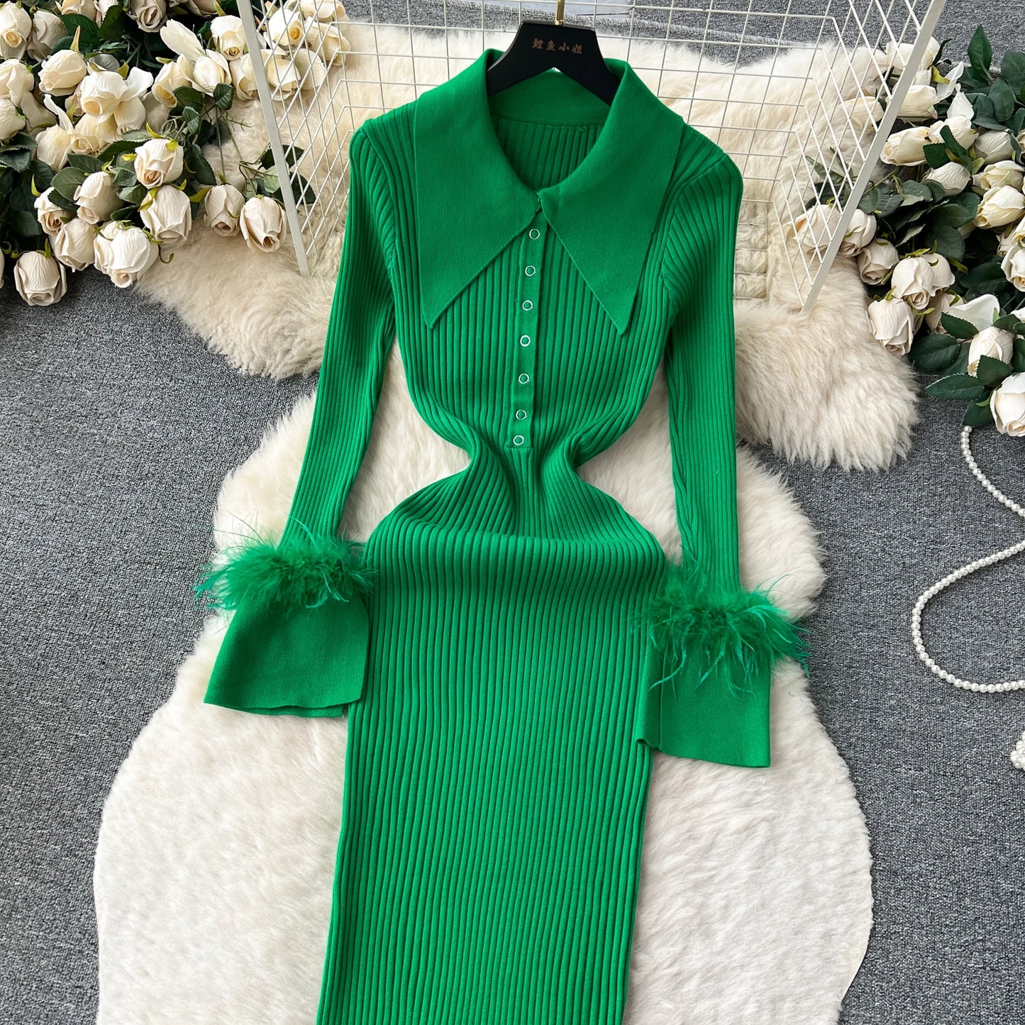 Elegant Turn-down Collar Feather Long Sleeve Knit Bodycon Pencil Dress Slim Fashion Sweater Vestido Sexy Women Winter Clothing