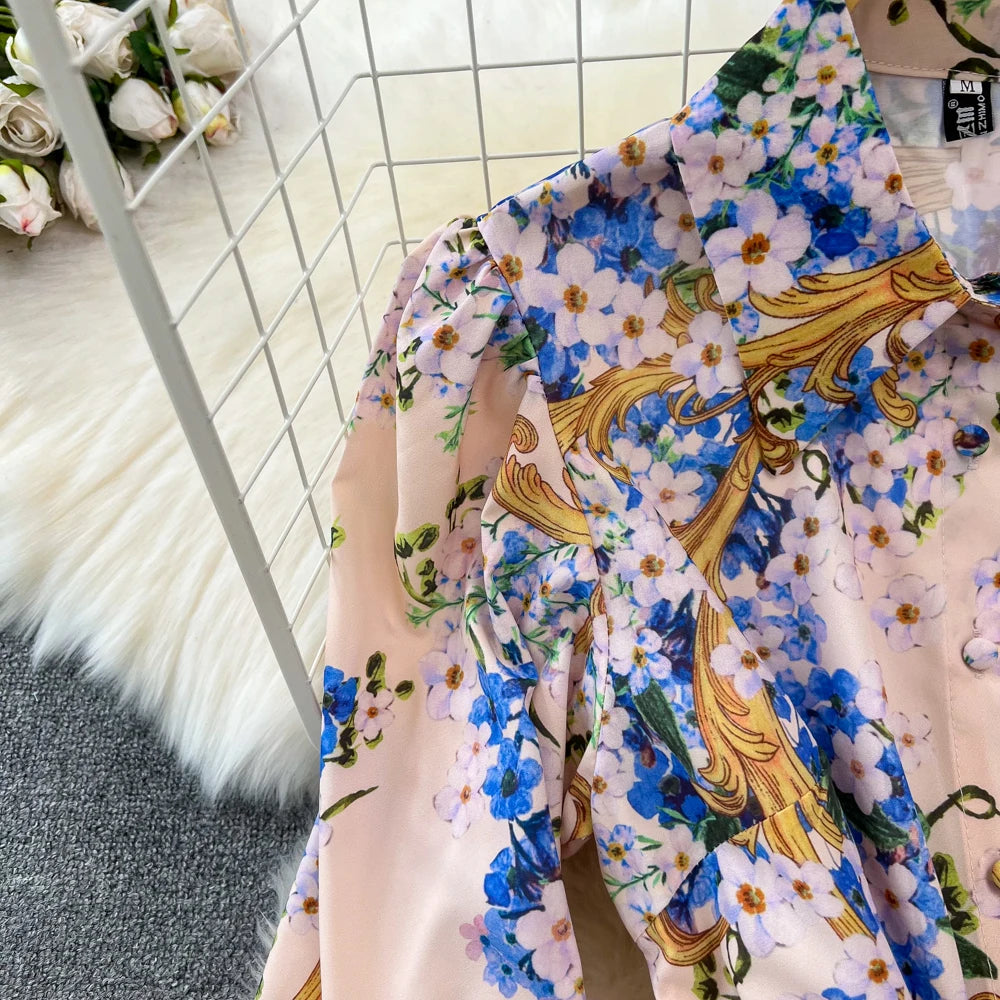 Vintage Print Elegant Lantern Long Sleeve Lapel A-line Dress Casual Women Fashion Autumn Spring Dress