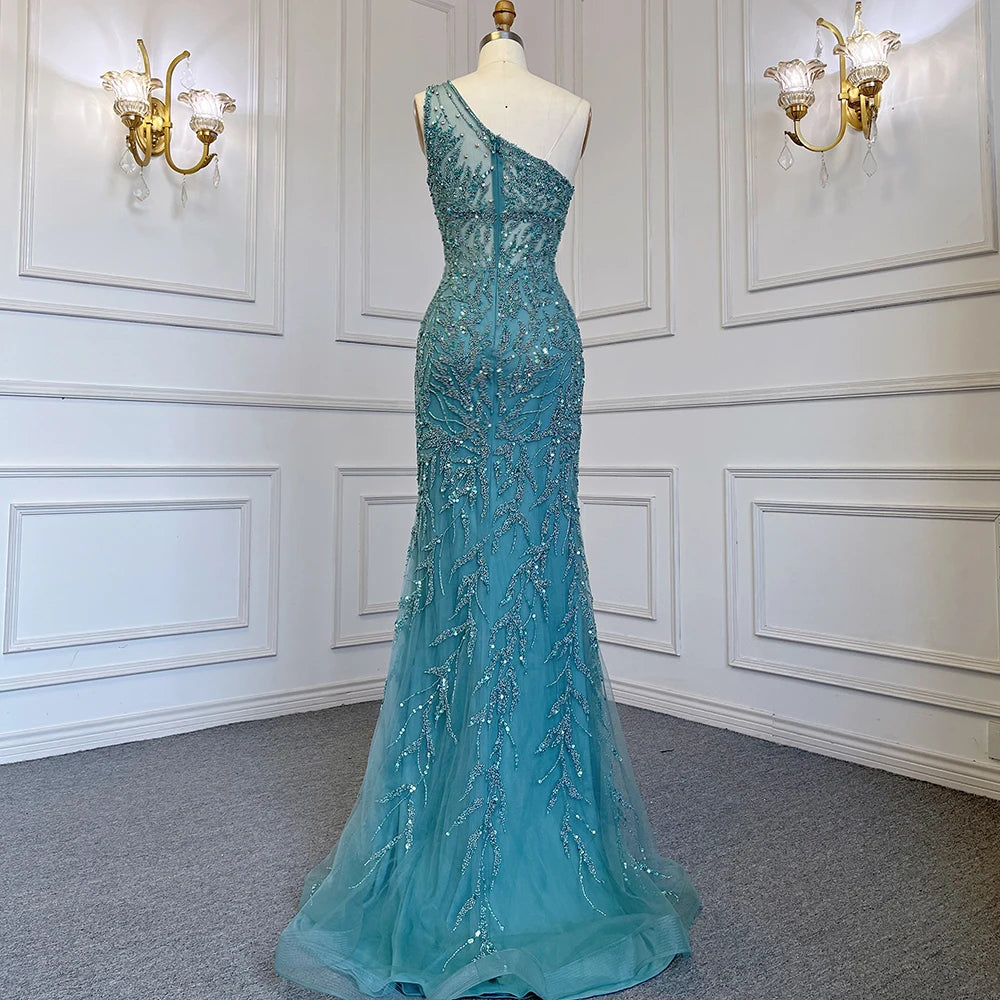 Serene Hill Turquoise Mermaid Elegant With Skirt High Split Evening Dresses Gowns Luxury Beaded Crystal 2024 Women LA71582A