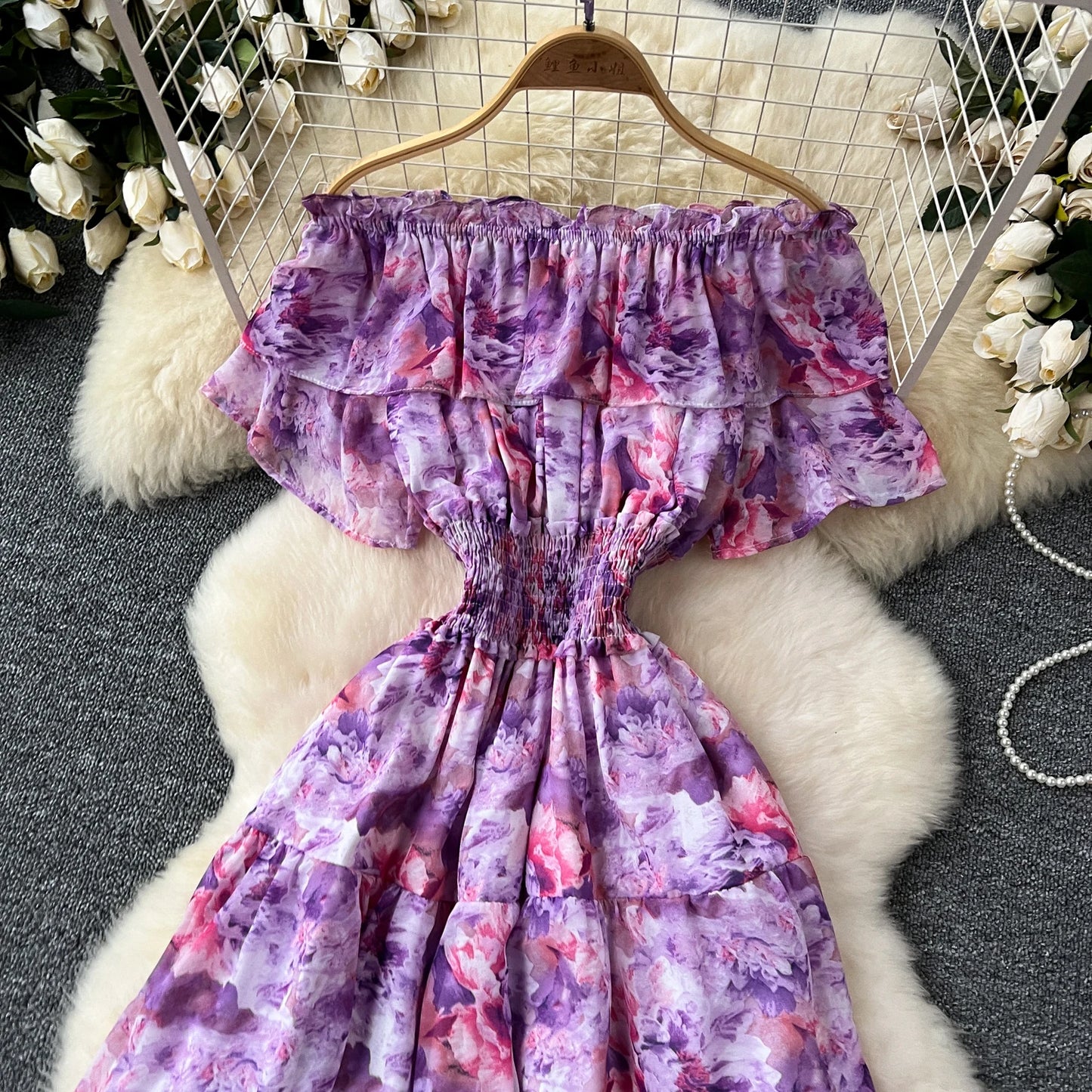 French Vintage off shoulder short sleeve ruffle Dress Chic Casual Beach Vacation Women Summer chiffon dresses