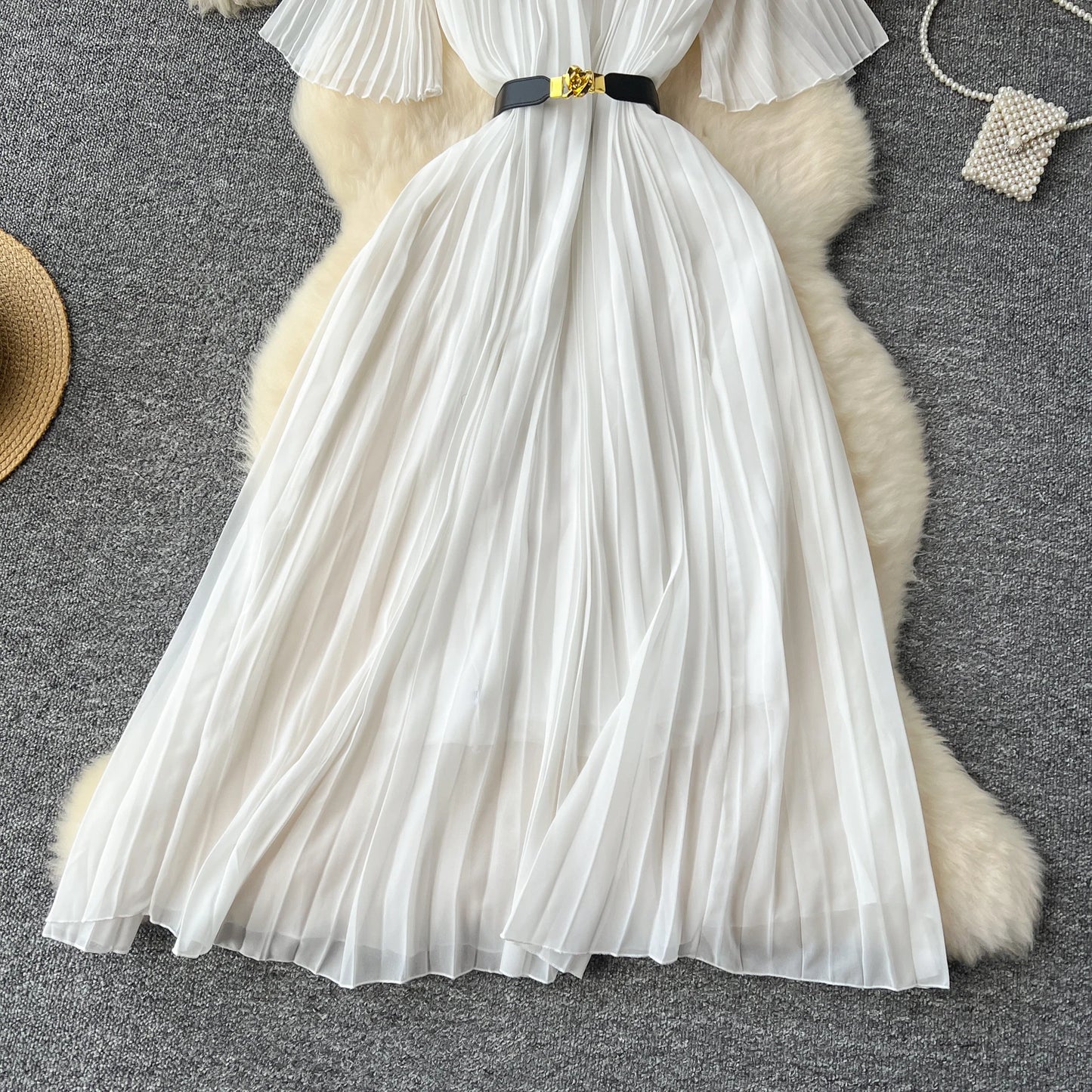 French mesh PATCHWORK Three-dimensional flower Sweet Dress Women Summer Waist Cinching pleated chiffon Dresses