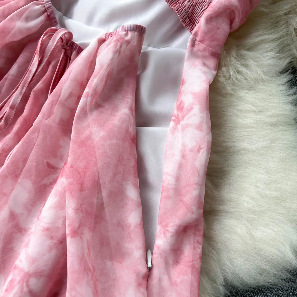 Women Pink Beach Dress Summer Sleeveless Hollow Out High Waist A-line Floral Printing Chiffon Dresses Ladies Casual Long Robe