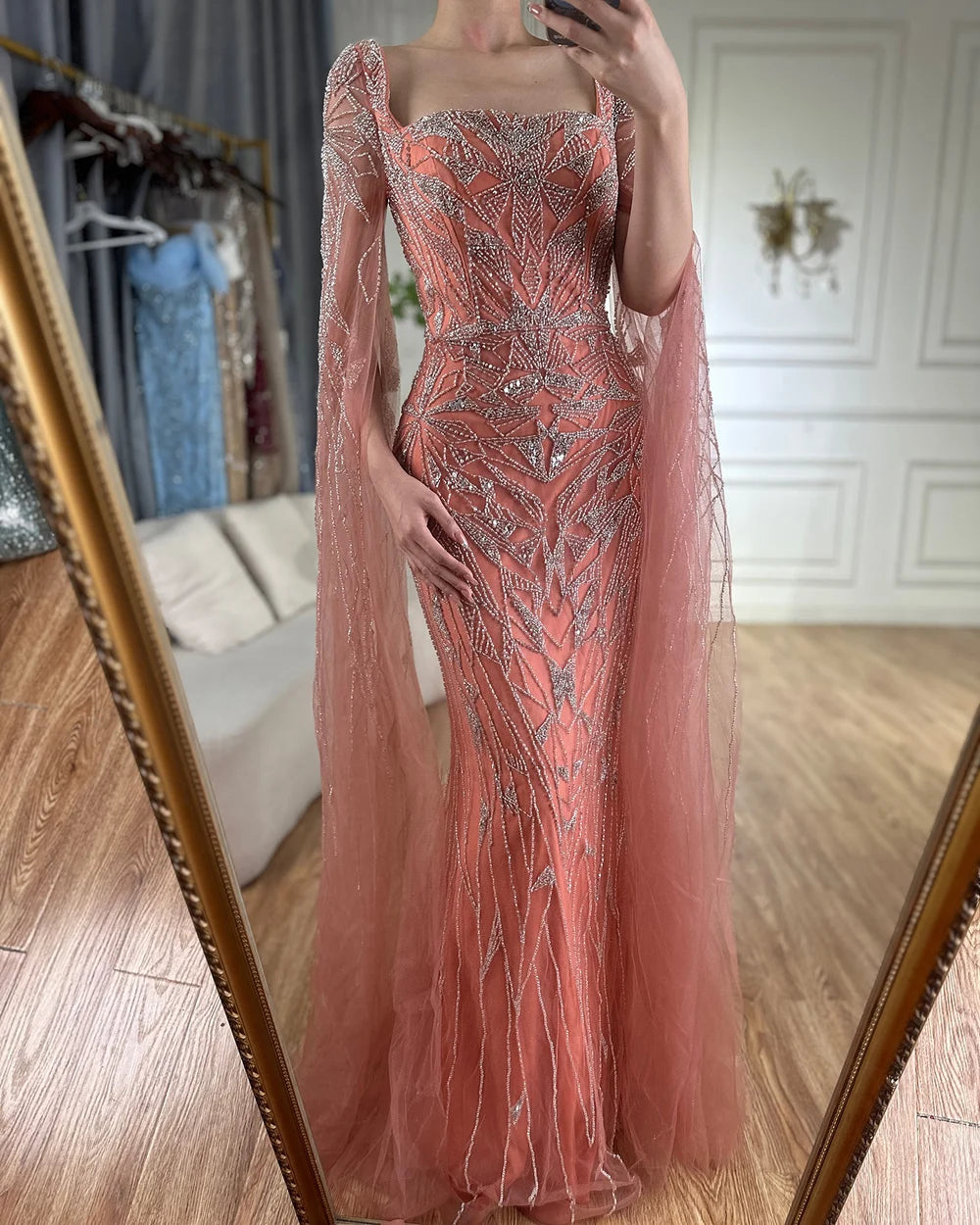 Serene Hill Arabic Pink Cape Sleeves Mermaid Dubai Evening Dresses Beaded Luxury Wedding Party Gowns For Women 2024 LA72261