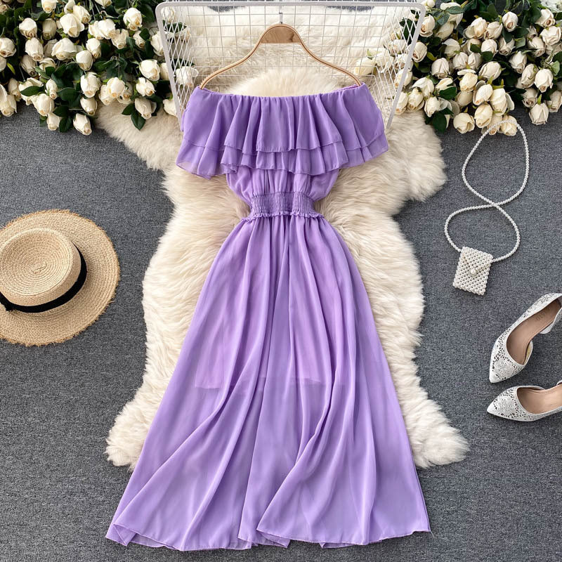 Women Chiffon Beach Dress Sexy Double Layer Ruffled Off The Shoulder Boho Dresses Ladies Sweet Slash Neck Long Dress