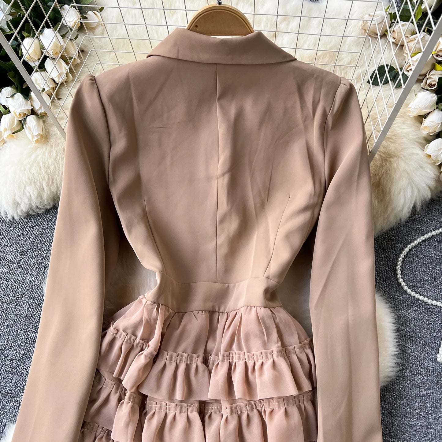 French Vintage Two Pieces Sets Notched lool sleeve mesh sweet A-line Chic PATCHWORK Women Summer dresses