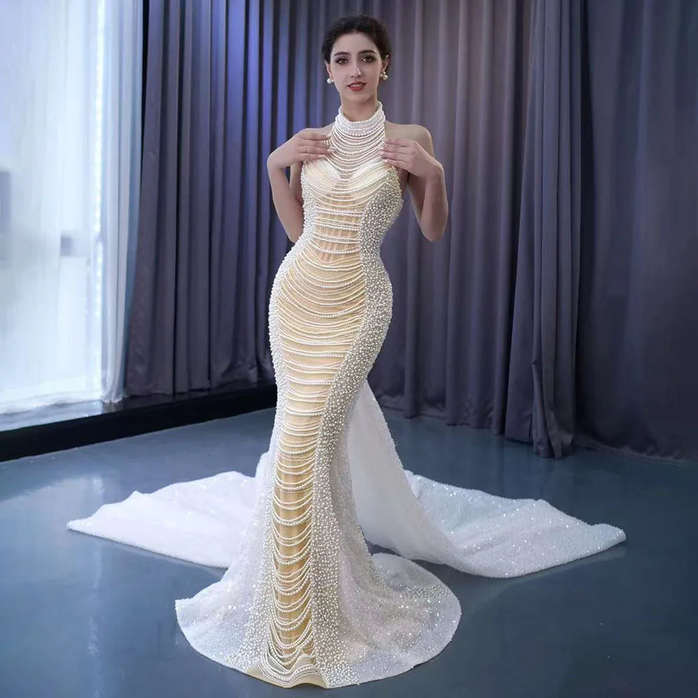 Serene Hill White champagne Mermaid Lace Up Luxury Pearls Beaded Bride Gowns Wedding Dress 2024 High End Custom Made HM231033