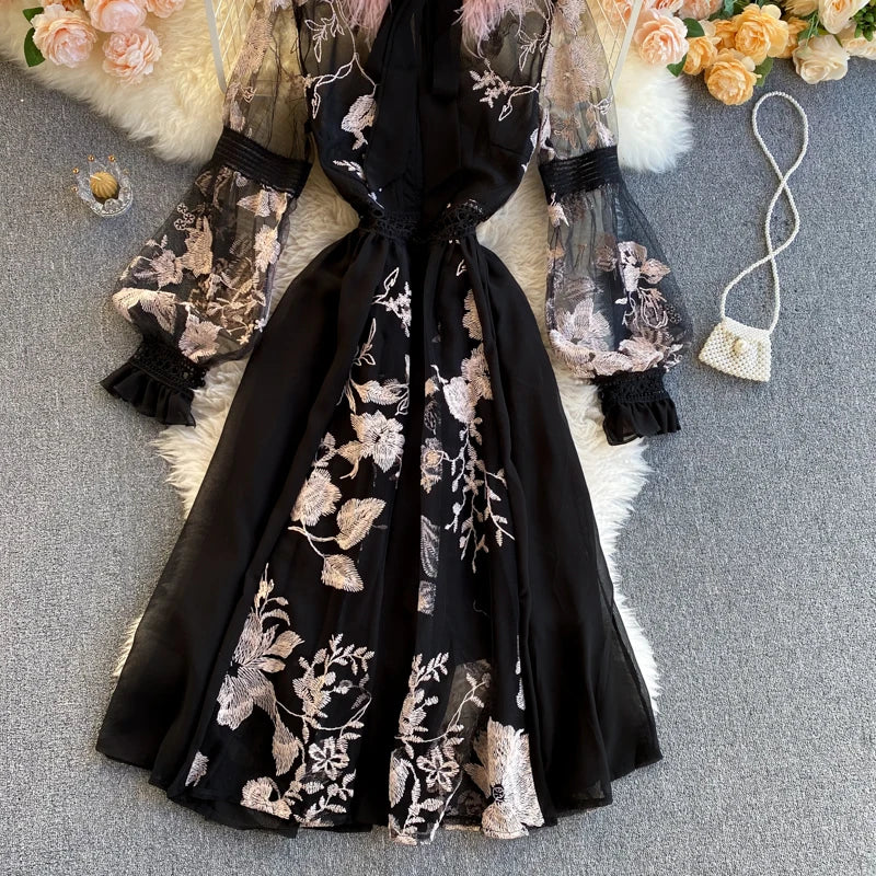 Retro Print Floral Embroidery Elegant Lace Up Dress A-line Long Sleeve Casual O-neck High Waist Dress Women Ceremonial Dress