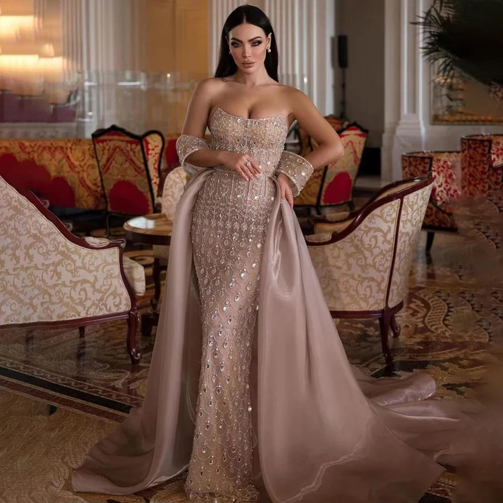 Serene Hill Arabic Caramel Mermaid Strapless With Overskirt Beaded Evening Dresses For Women Wedding Party 2024 LA71922
