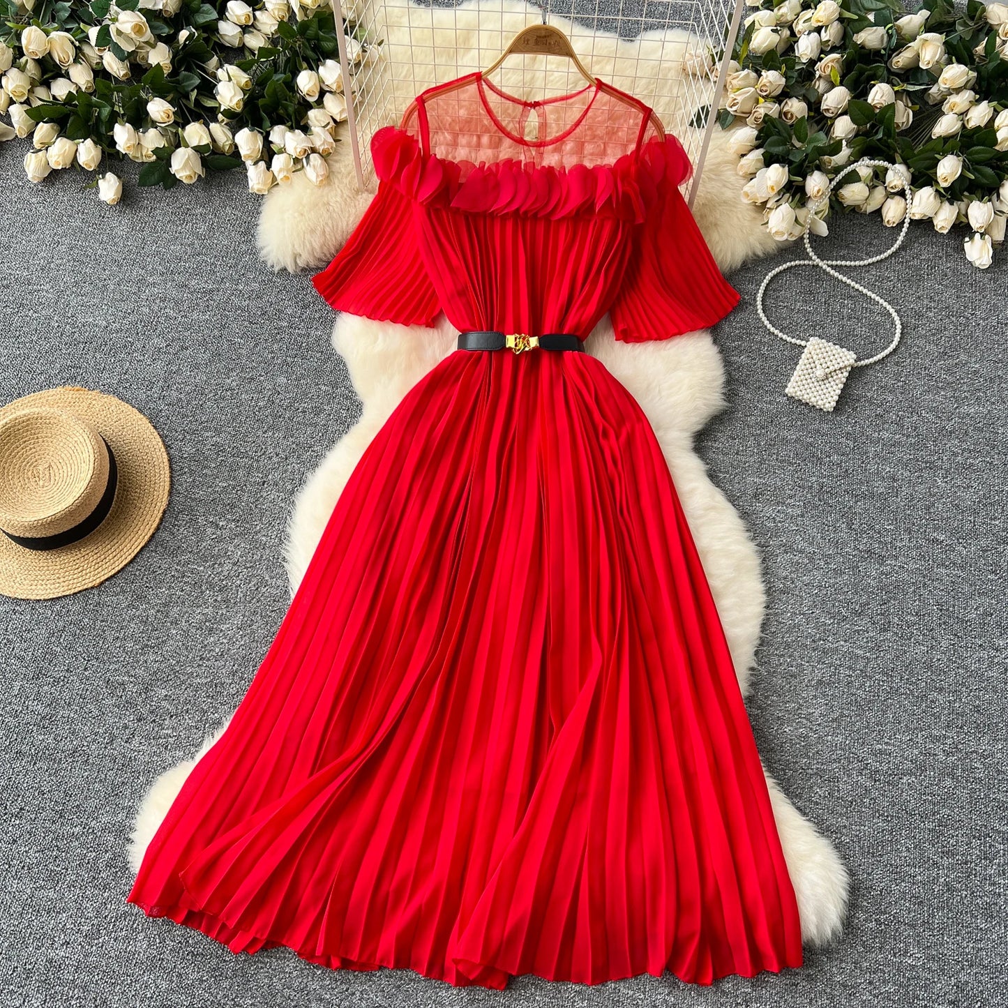French mesh PATCHWORK Three-dimensional flower Sweet Dress Women Summer Waist Cinching pleated chiffon Dresses