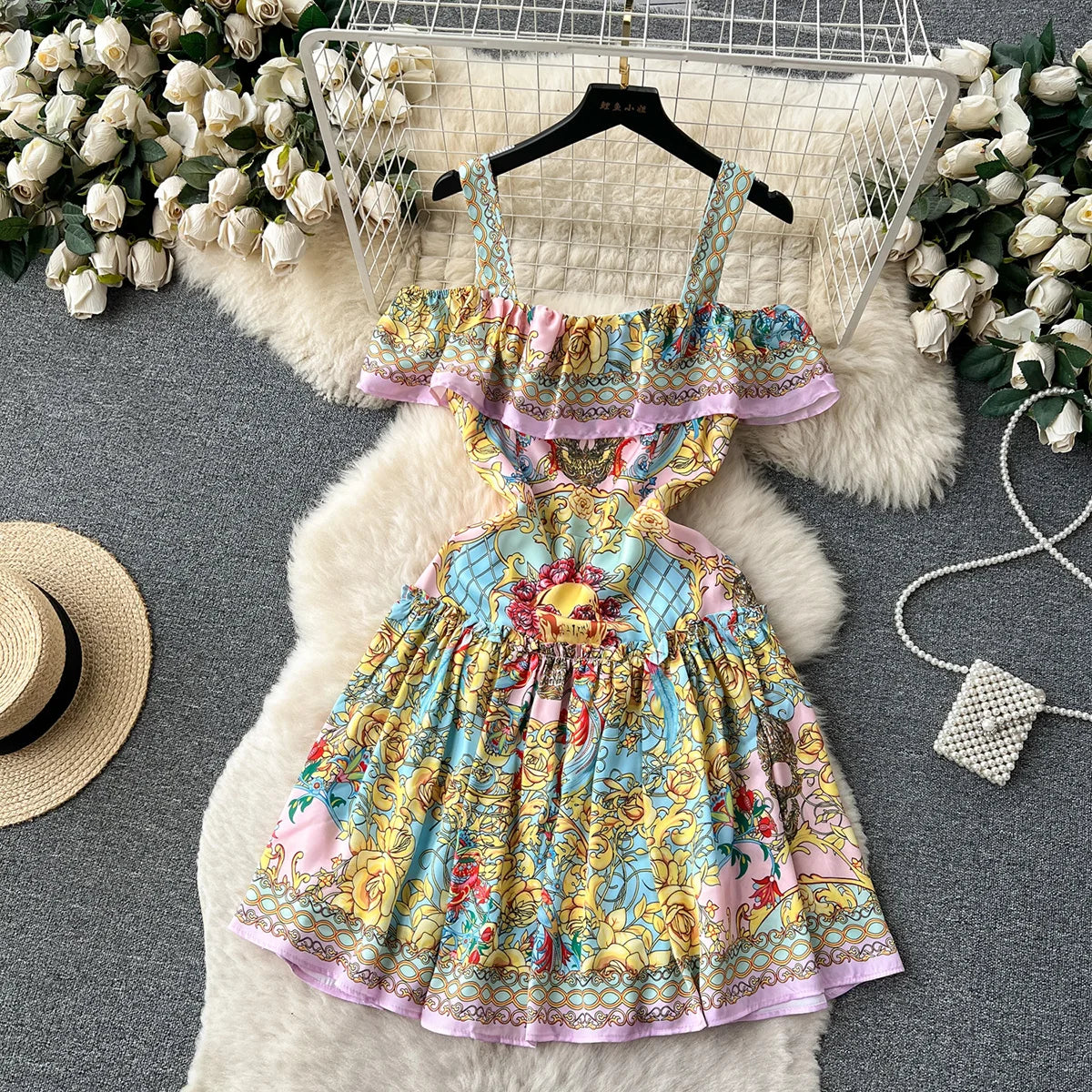 Women Elegant Vintage Print Dress 2023 Layered Ruffle Straight Neckline Strap Off Shoulder Dress For Holiday Summer Mini Dress