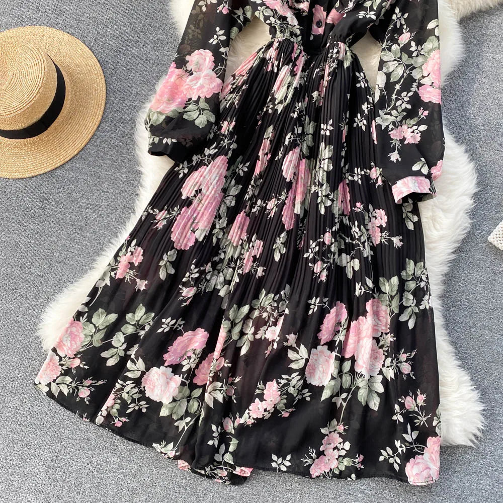 Retro Floral Print Pleated Elegant Chiffon Maxi Dress A-line Fashion Beach Vacation Party Dress Women Summer Spring Vestidos