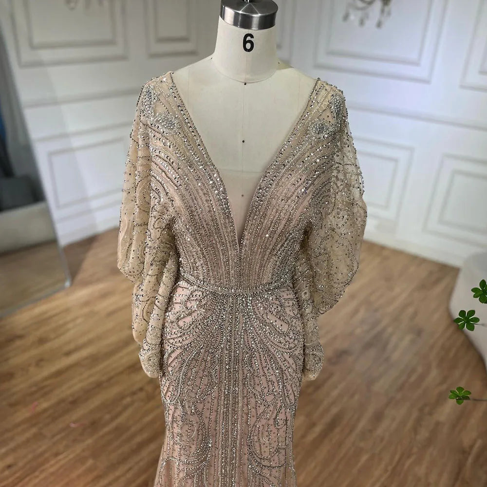 SERENE HILL 2024 Arabic Gold Elegant Mermaid Black Luxury Beaded Evening Dresses Gowns Diamond For Women Wedding Party GLA72288A