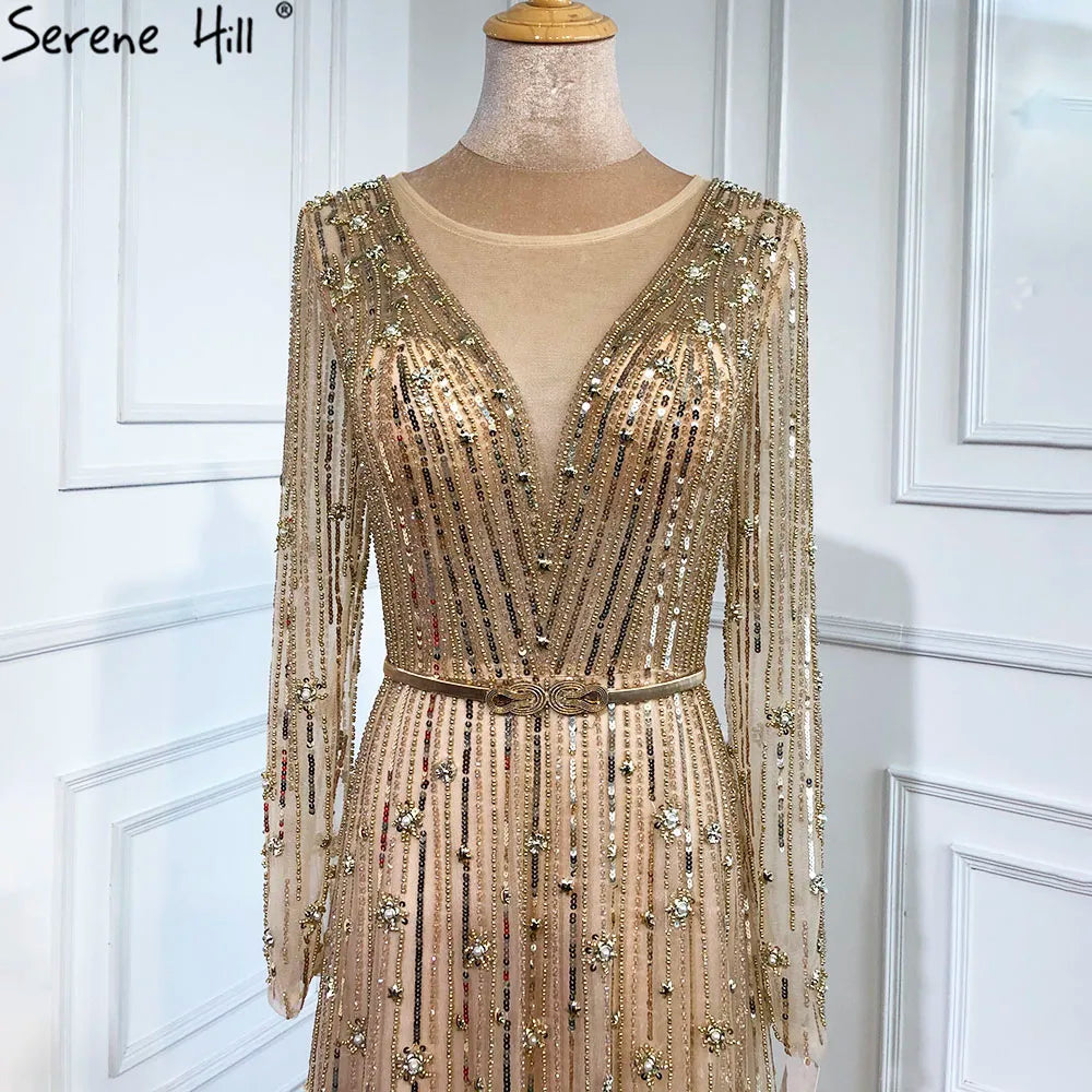 Serene Hill Muslim Gold A-Line Luxury Evening Dresses Gowns 2022 Sparkle Beaded Long Sleeves Sexy For Women Party GLA70674