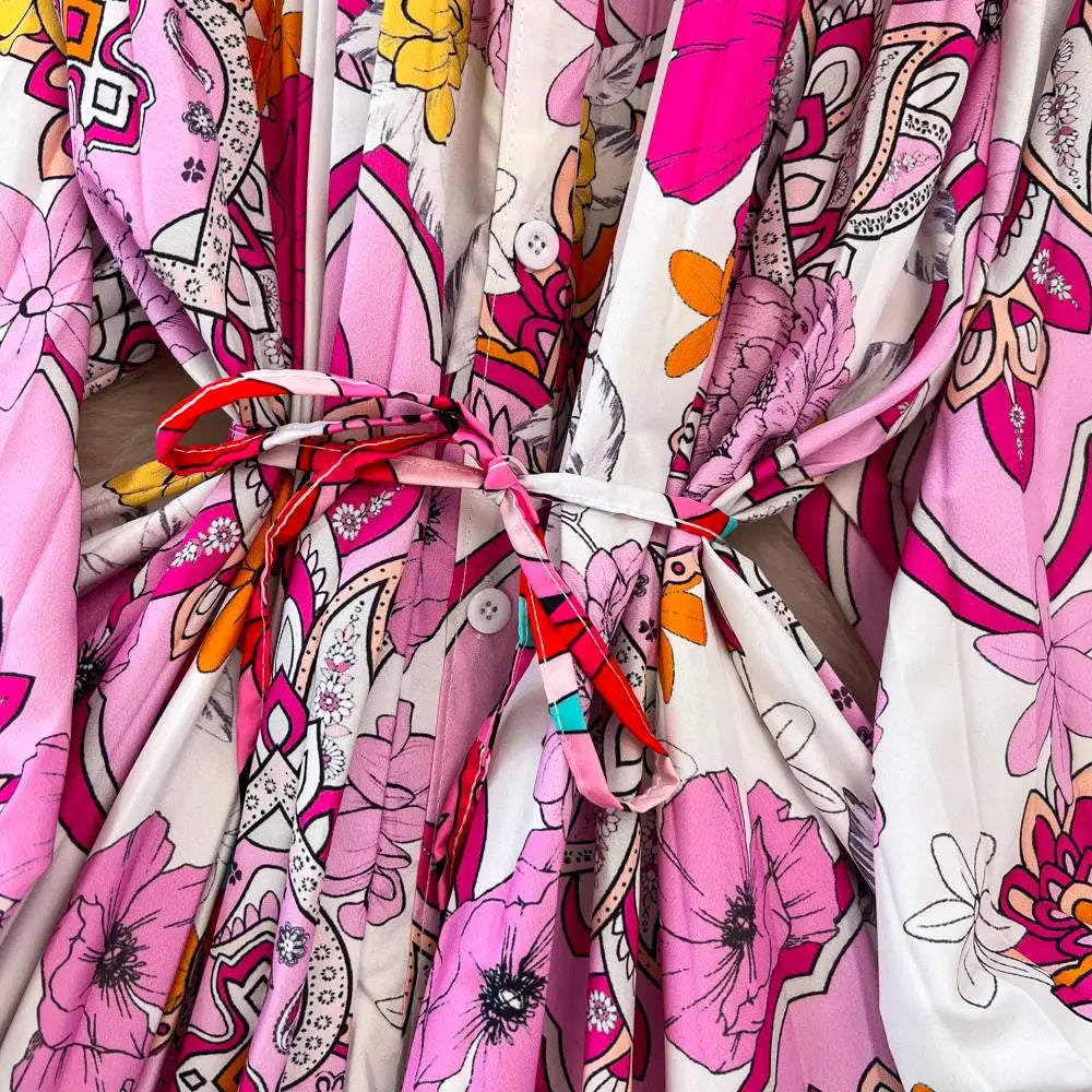 Elegant Women Casual Floral Print Party Dress Vintage Lantern Sleeve A-Line Pleated Prom Birthday Clothes Female Fashion Robe
