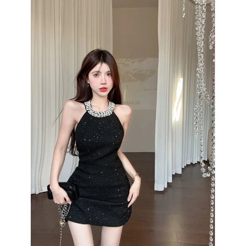 Trendy Small Fragrance Tweed Mini Dress Pearl Decoration Halter Sleeveless Dress Elegant Slim Fit Waist Dresses 2024 Summer New