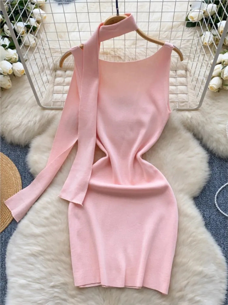 Sexy V-Neck Knitted Mini Dress for Women Elegant Spaghetti Strap Ribbon Slim Dresses One Piece Solid Female Clothes Autumn New