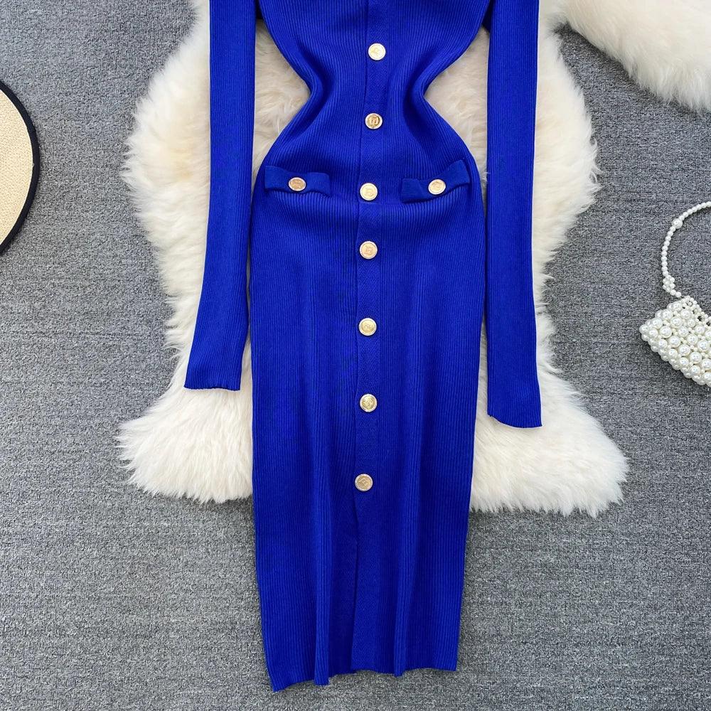 Sexy Split V-neck Long Sleeve Bodycon Dress Chic Elegant Evening Party French Fashion Knit Vestidos Women Autumn Pencil Dress