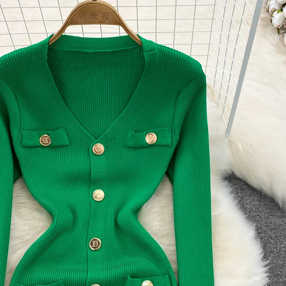 Sexy Split V-neck Long Sleeve Bodycon Dress Chic Elegant Evening Party French Fashion Knit Vestidos Women Autumn Pencil Dress
