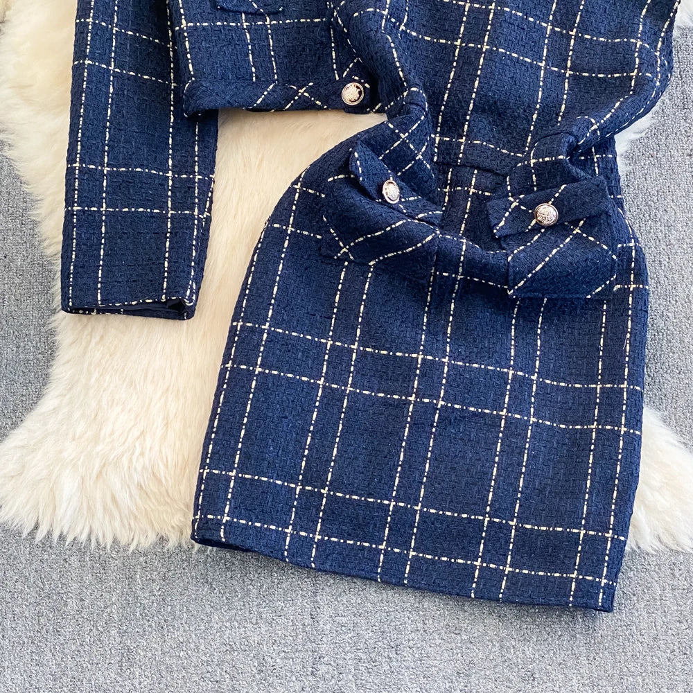 Women Checkered tweed Blazer 2-Piece Set Elegant Small Fragrance Wind Outfit Cropped Jacket+Mini Dresses Suit for Spring Autumn