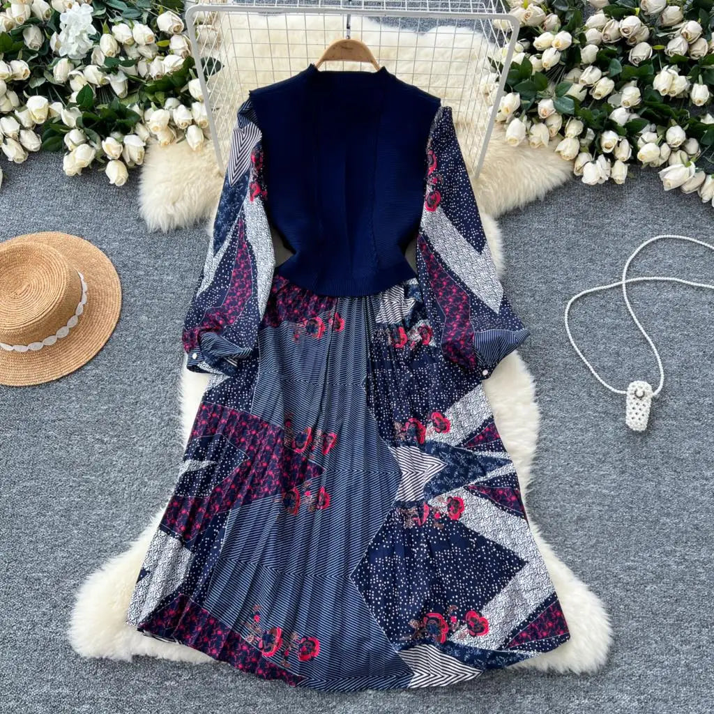 French Vintage Patchwork Print Knitted Dress Elegant and Chic Boho Beach Holiday Dresses A-Line Slim Waist Pleated Vestidos New