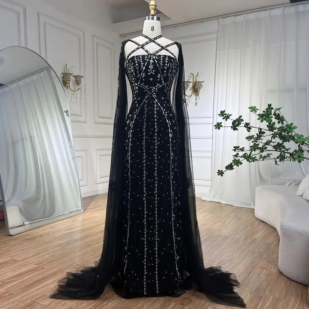 SERENE HILL Arabic Caramel Mermaid Elegant Cape Sleeves Beaded Luxury Evening Dresses 2024 Formal Gown For Women Party GLA71905A