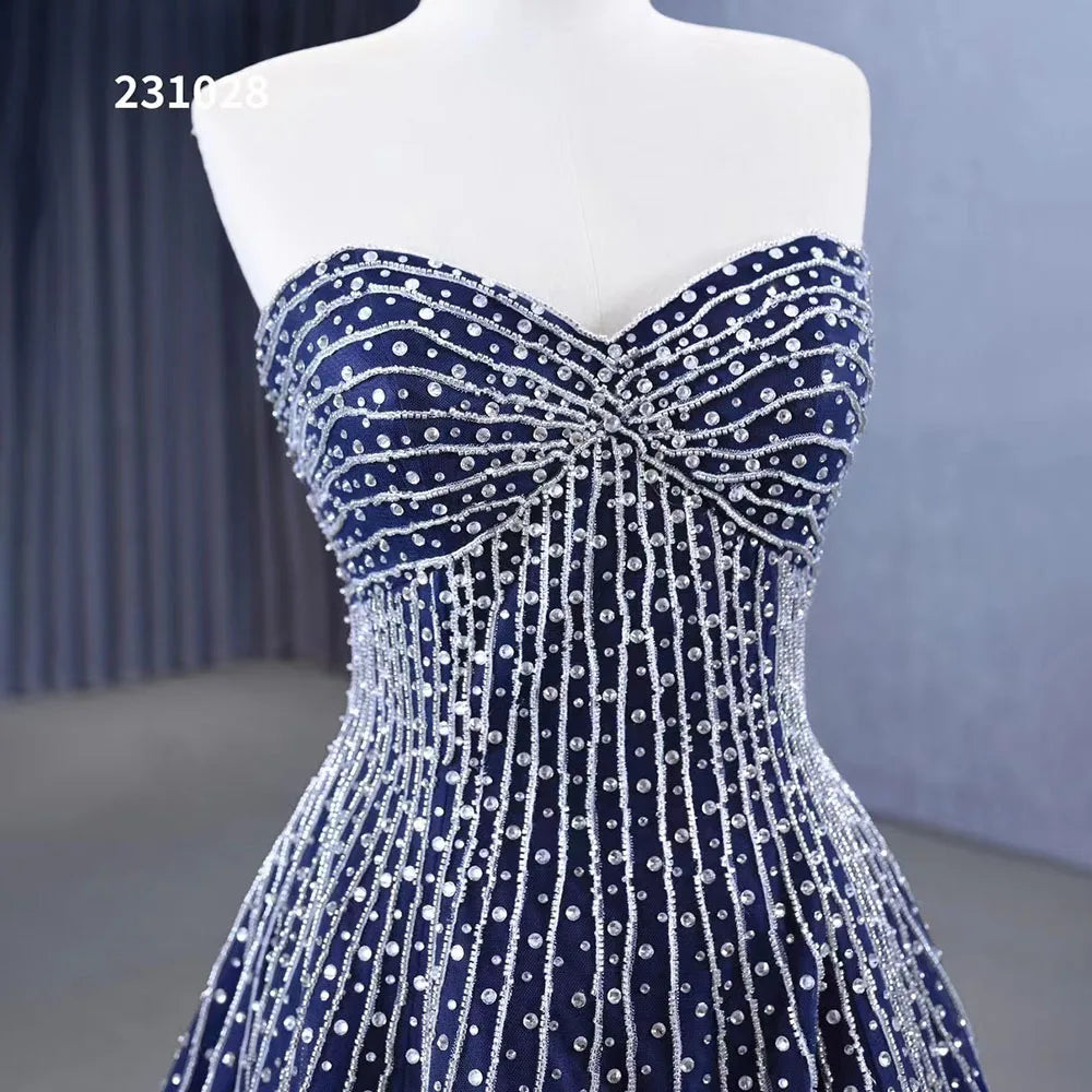 Serene Hill Navy Blue High End Strapless Crystal Beaded Luxury Pearls Lace Up Bride Gowns Wedding Dress Custom Made HM23102