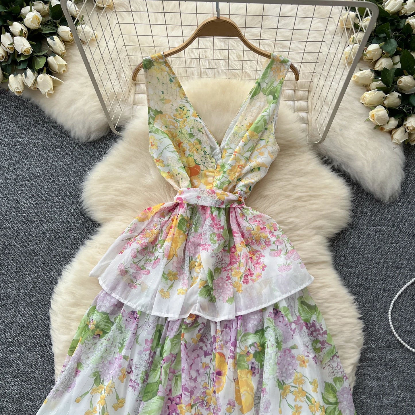 Vintage Print Elegant Sleeveless A-line Vneck Ruffle Bandage Dress Casual Women Fashion Autumn Spring Dress