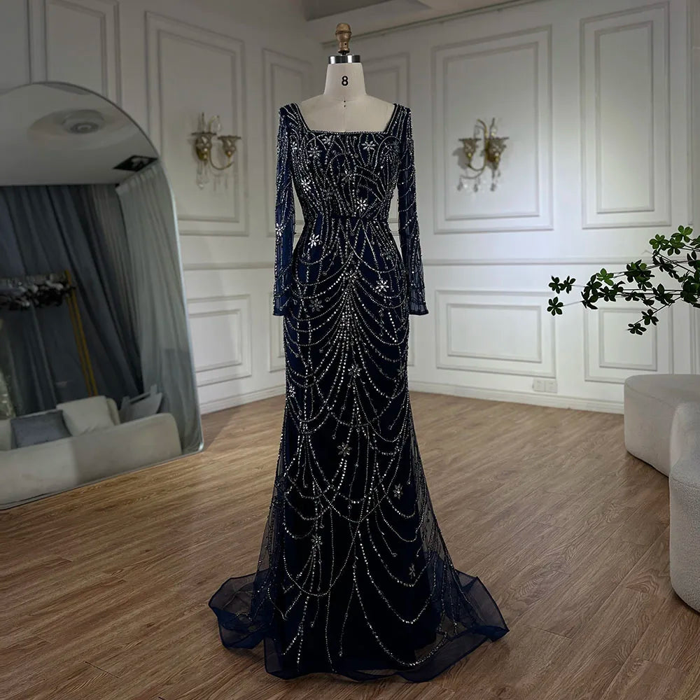 Serene Hill Luxury Dubai Green Mermaid Elegant Crystal Beaded Arabic Evening Dresses Gowns For Women Wedding Party 2023 BLA72242