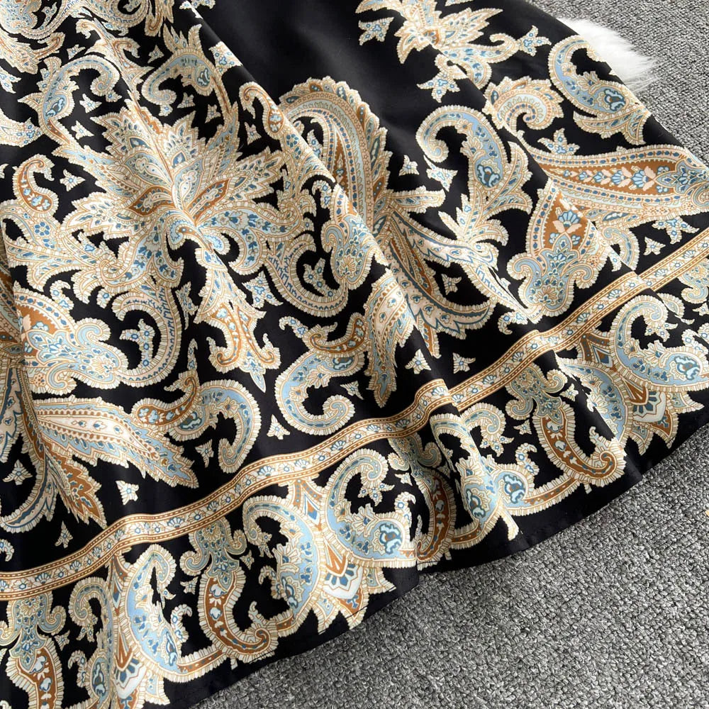 Retro Printed Party Dress Women Polo Collar Long Sleeve Elegant Long Dresses Spring Autumn French Single Breasted Shirt Dress