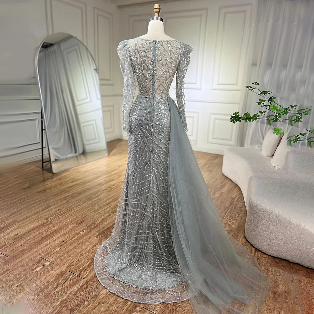 Serene Hill Muslim Gold Mermaid Beaded Luxury Dubai Evening Dresses Gowns With Overskirt 2024 For Women Party LA72206