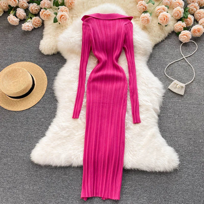 Women Chic Elegant Long Sleeve Split Bodycon Midi Dress Sexy French Fashion Knit Wrap Vestidos Elastic Slim Pencil Sweater Dress