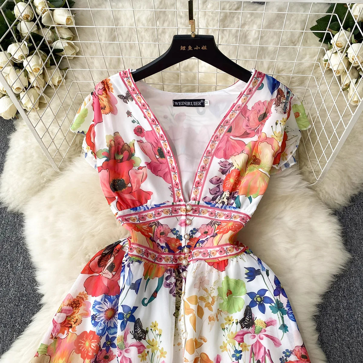 Short Dresses Women Cap Sleeve Vintage Print Chiffon Dress Faux Pearl Buttoned V Neck Ruffle Hem Wedding Elegant Party Dress