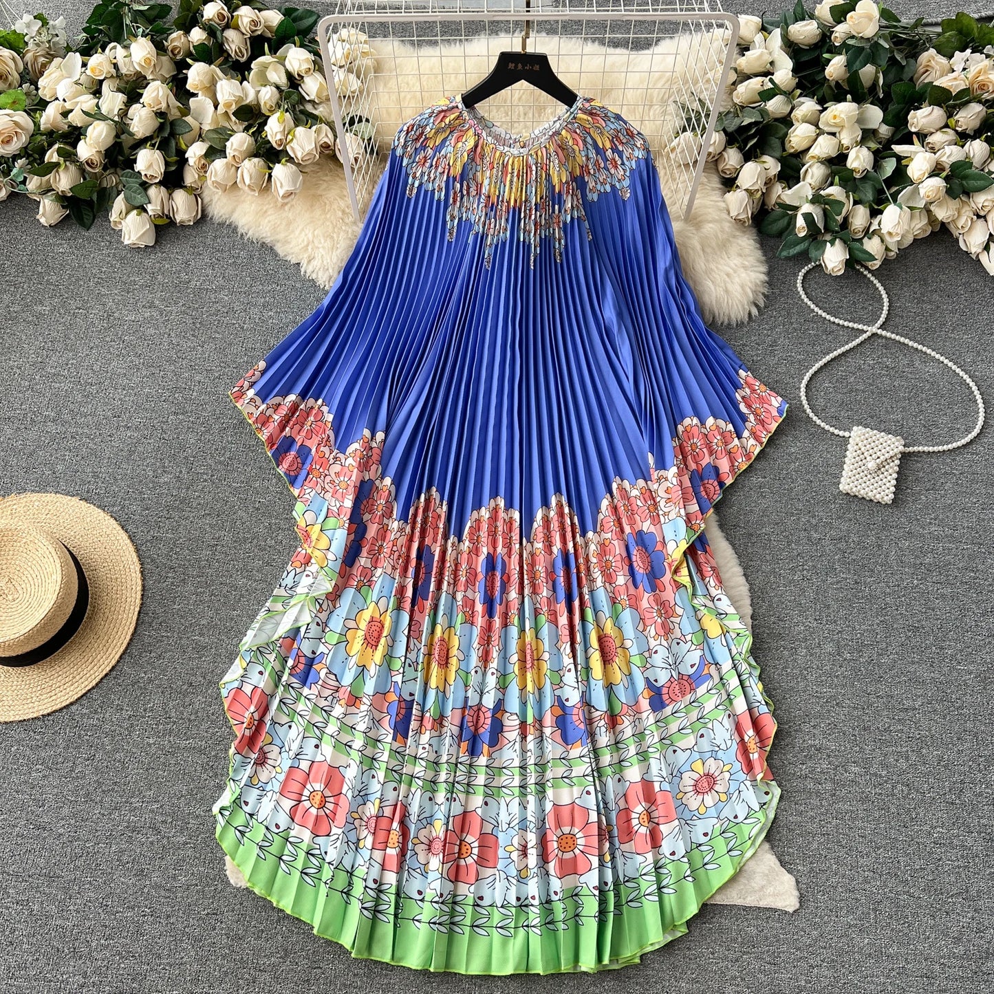 Vintage Print Elegant O-neck Batwing Sleeve Dress A-line Casual Belt Fashion Dress Women Fashion Summer Spring Vestidos