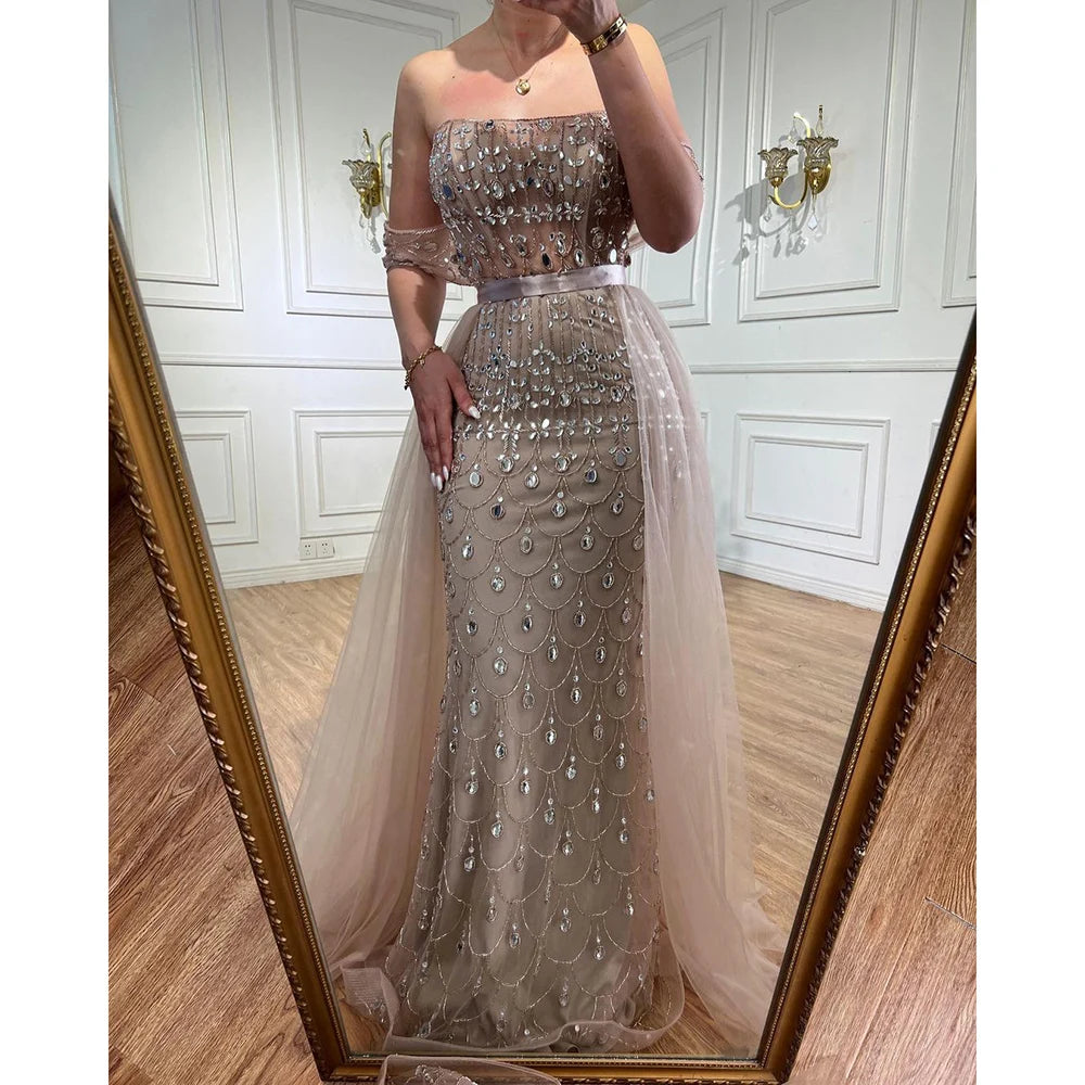 Serene Hill Arabic Caramel Mermaid Strapless With Overskirt Beaded Evening Dresses For Women Wedding Party 2024 LA71922