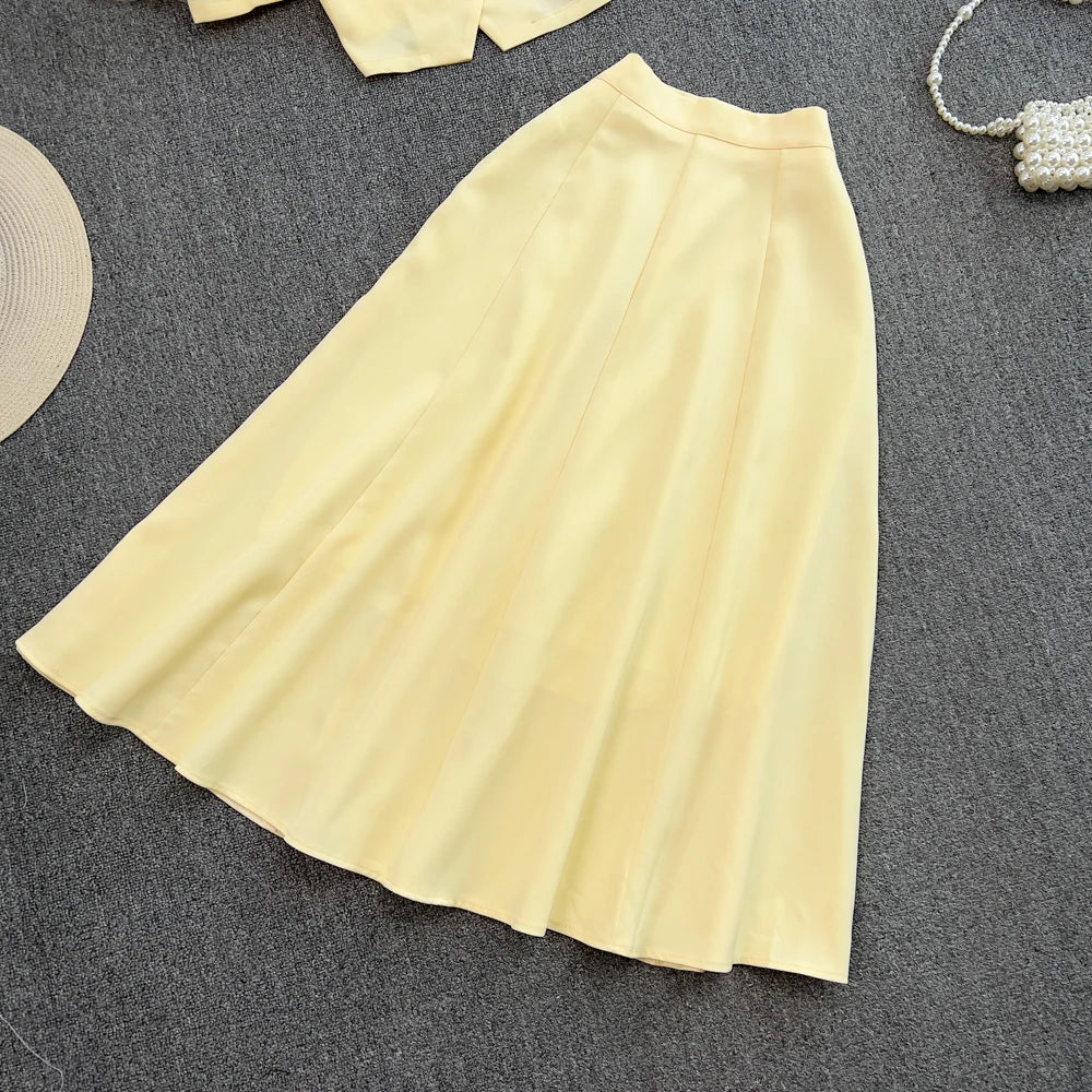Chic Two Pieces Sets Sexy Single Breasted puff sleeve sweet blouse with Fashion basics A-line Skirt Vacation Sets